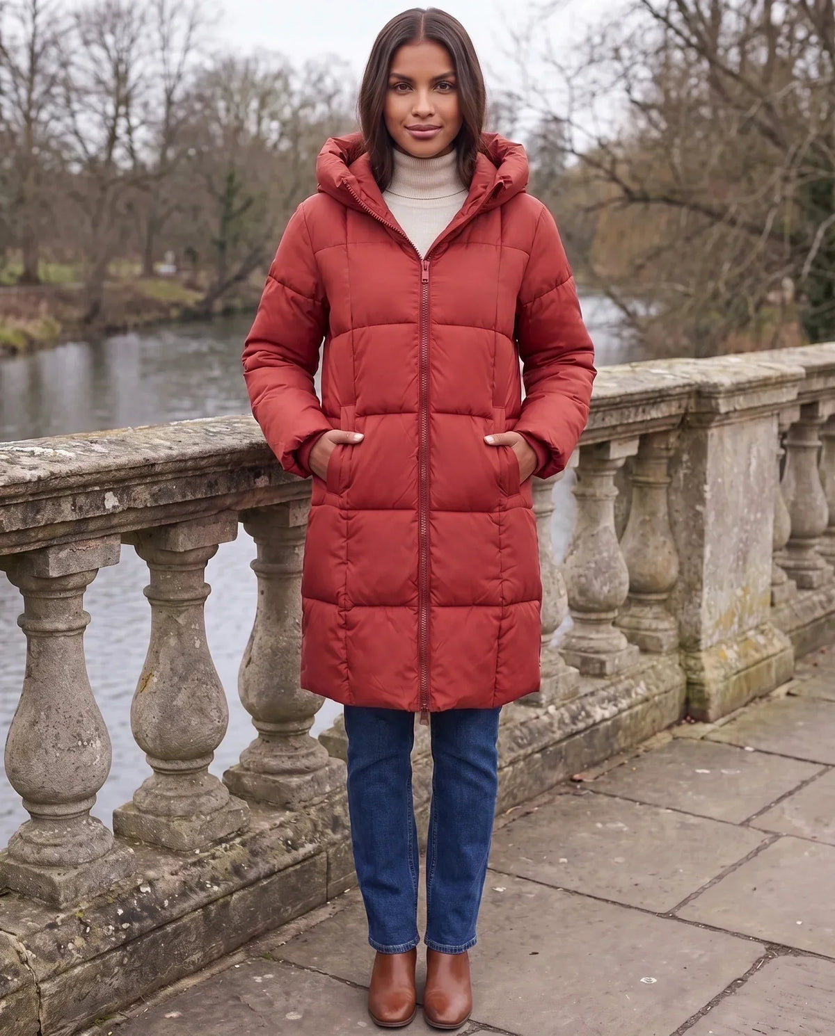 Long Hooded Puffer Jacket with Square Quilting