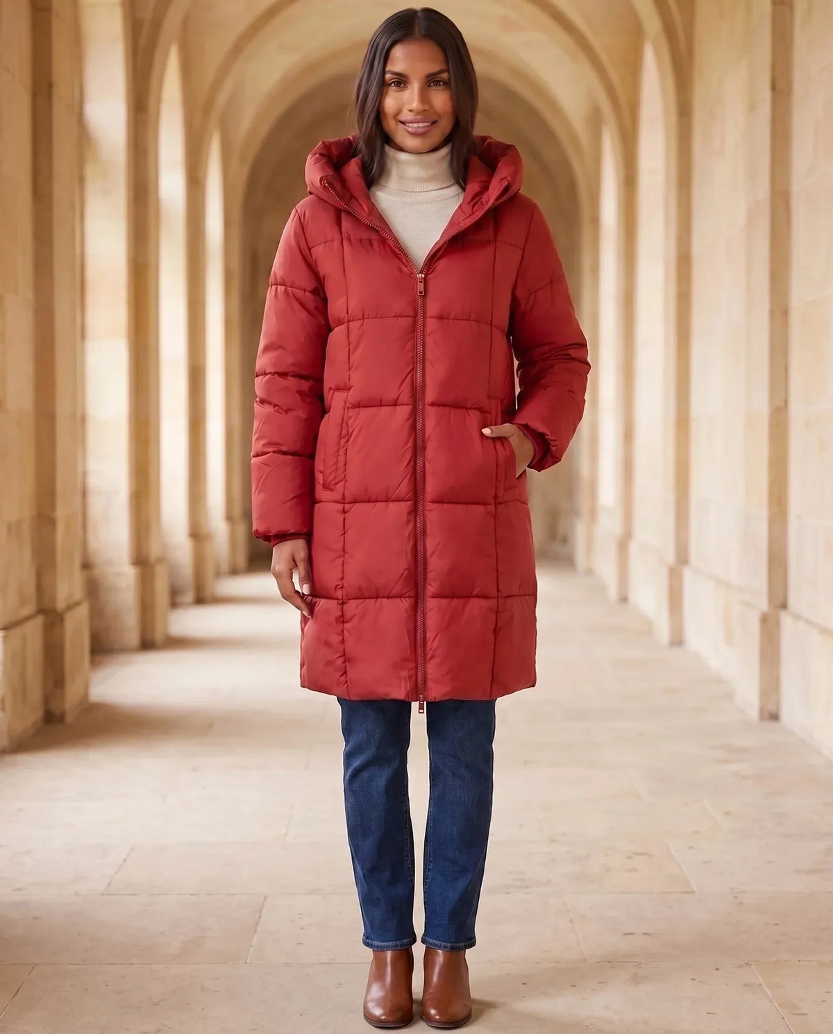 Long Hooded Puffer Jacket with Square Quilting