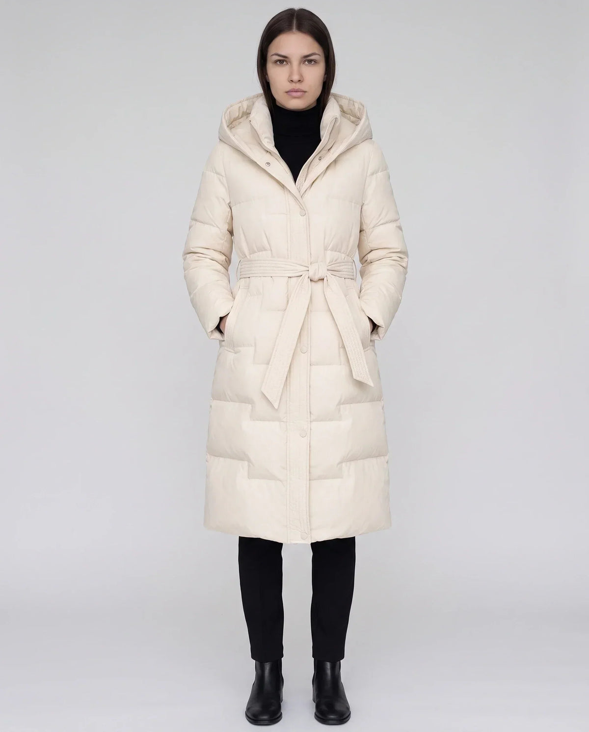 Long Hooded Puffer Jacket with Tie Belt