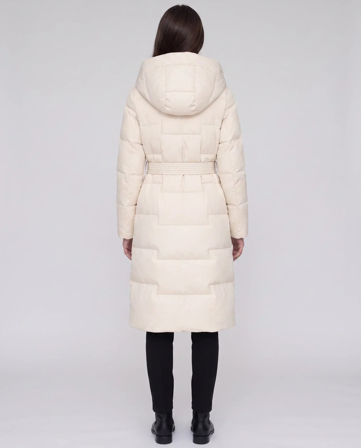 Long Hooded Puffer Jacket with Tie Belt
