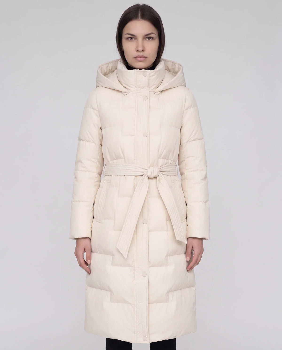 Long Hooded Puffer Jacket with Tie Belt