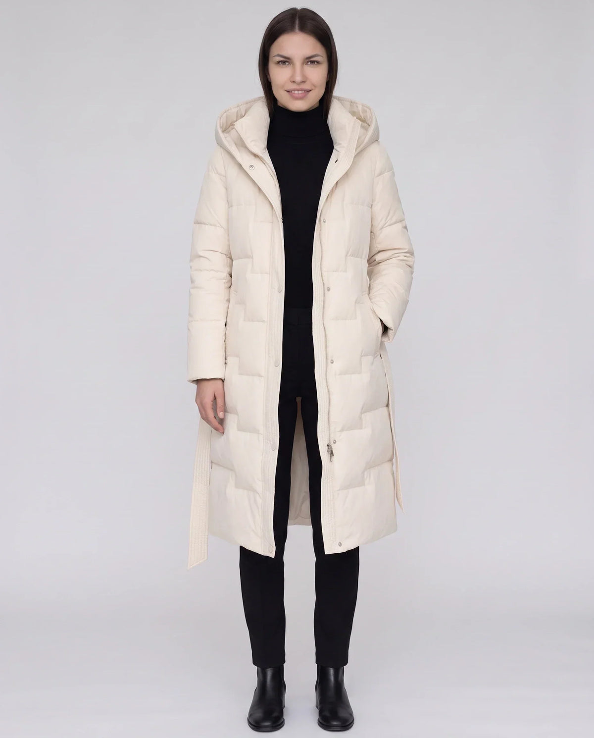 Long Hooded Puffer Jacket with Tie Belt