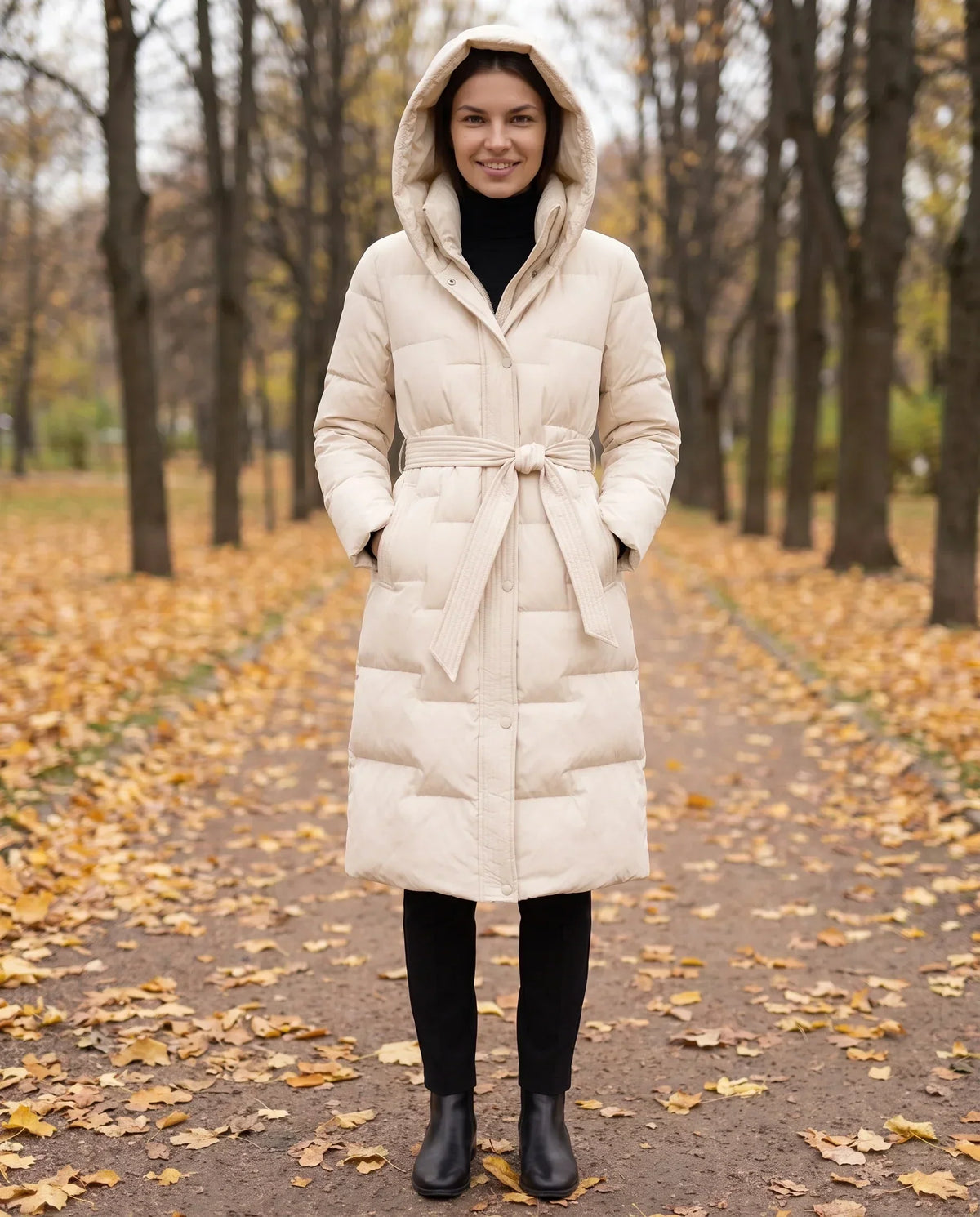 Long Hooded Puffer Jacket with Tie Belt