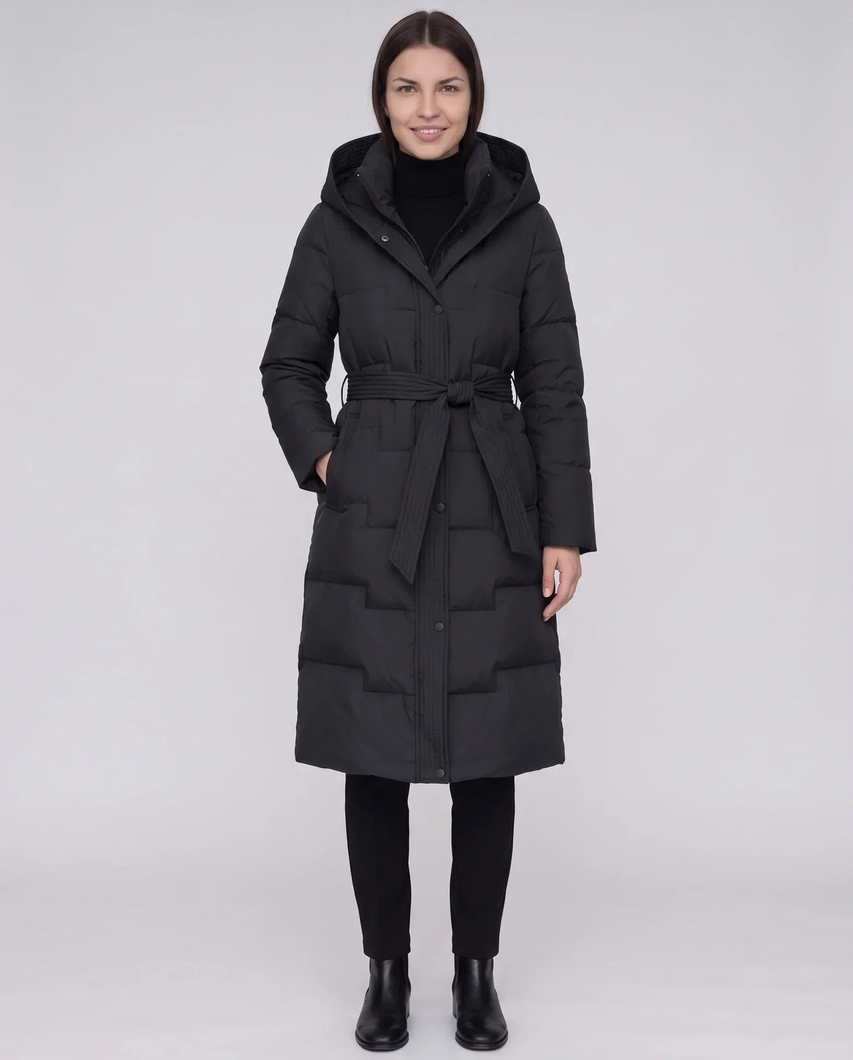 Long Hooded Puffer Jacket with Tie Belt
