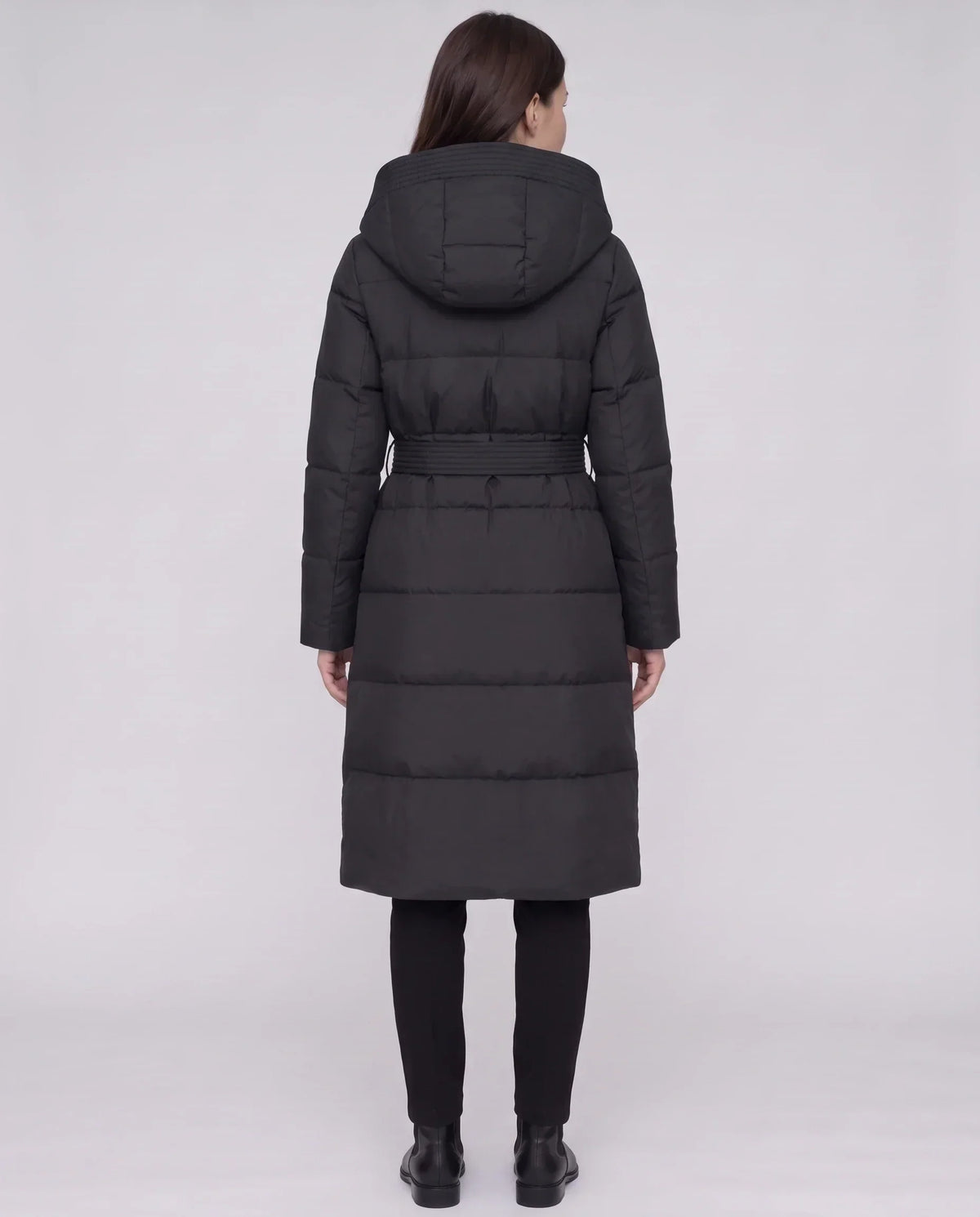 Long Hooded Puffer Jacket with Tie Belt
