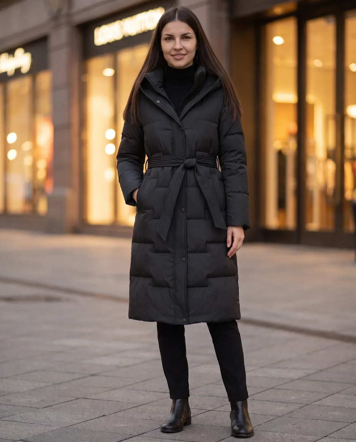 Long Hooded Puffer Jacket with Tie Belt