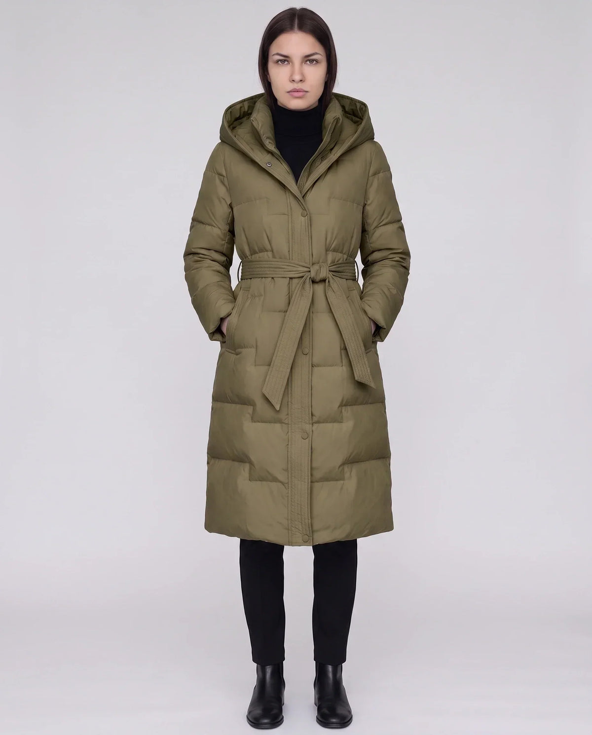 Long Hooded Puffer Jacket with Tie Belt