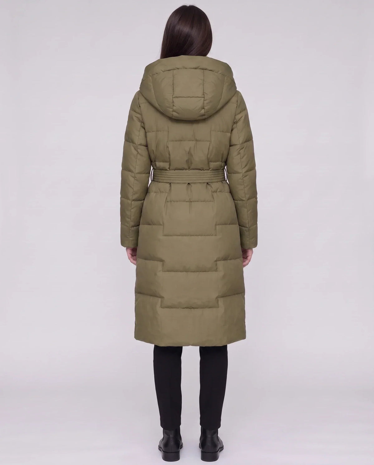 Long Hooded Puffer Jacket with Tie Belt