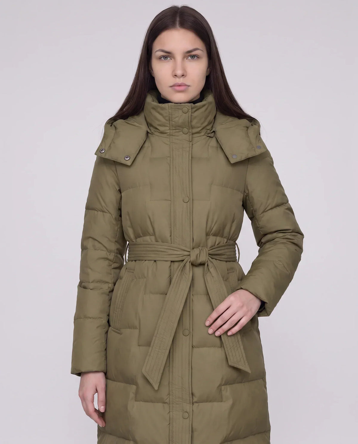 Long Hooded Puffer Jacket with Tie Belt