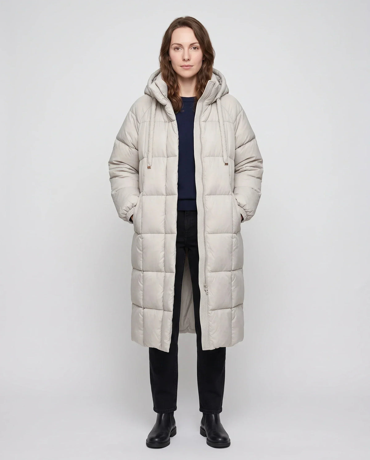 Long Hooded Puffer Jacket with Big Square Baffles