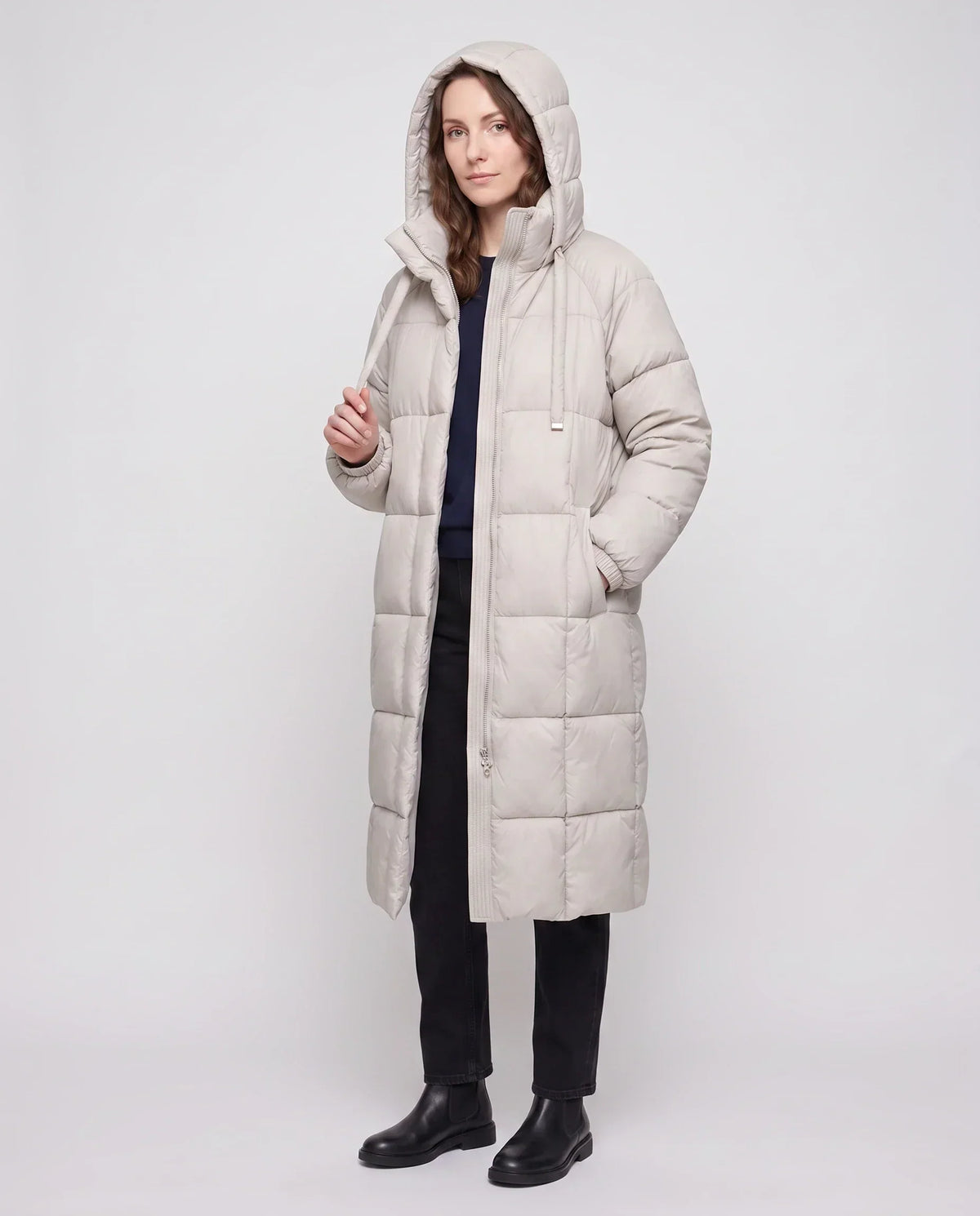 Long Hooded Puffer Jacket with Big Square Baffles