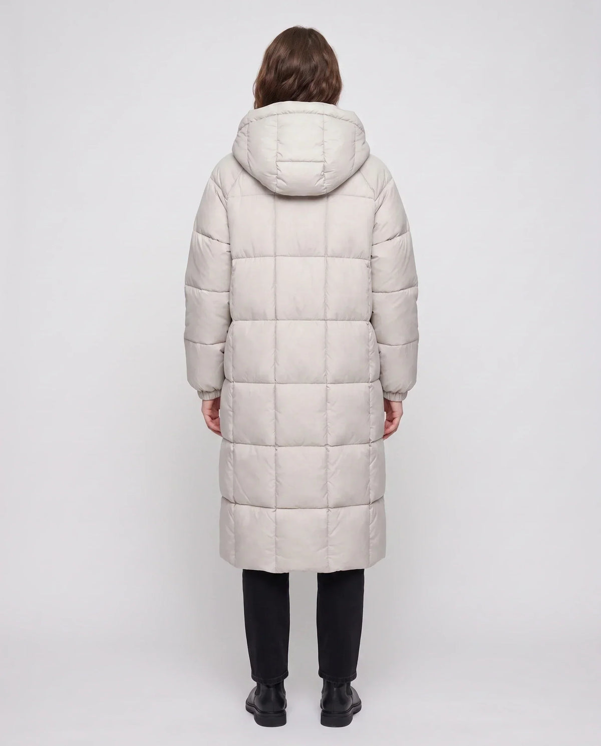Long Hooded Puffer Jacket with Big Square Baffles
