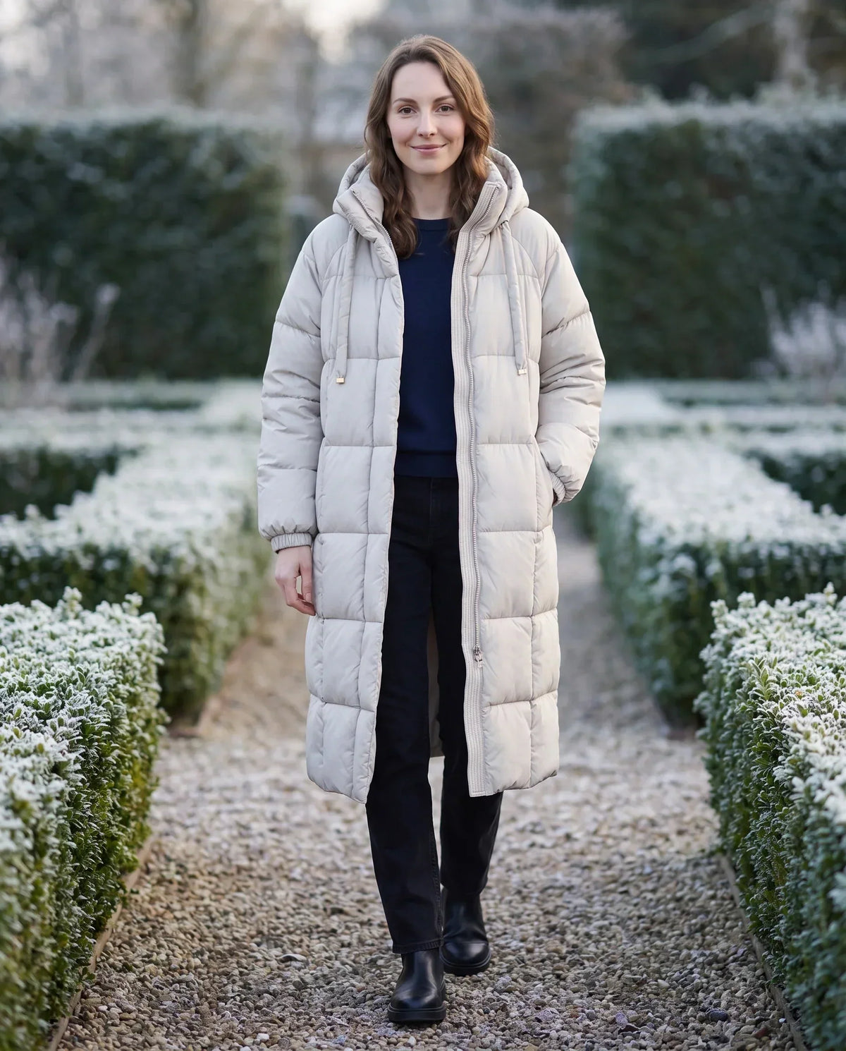 Long Hooded Puffer Jacket with Big Square Baffles