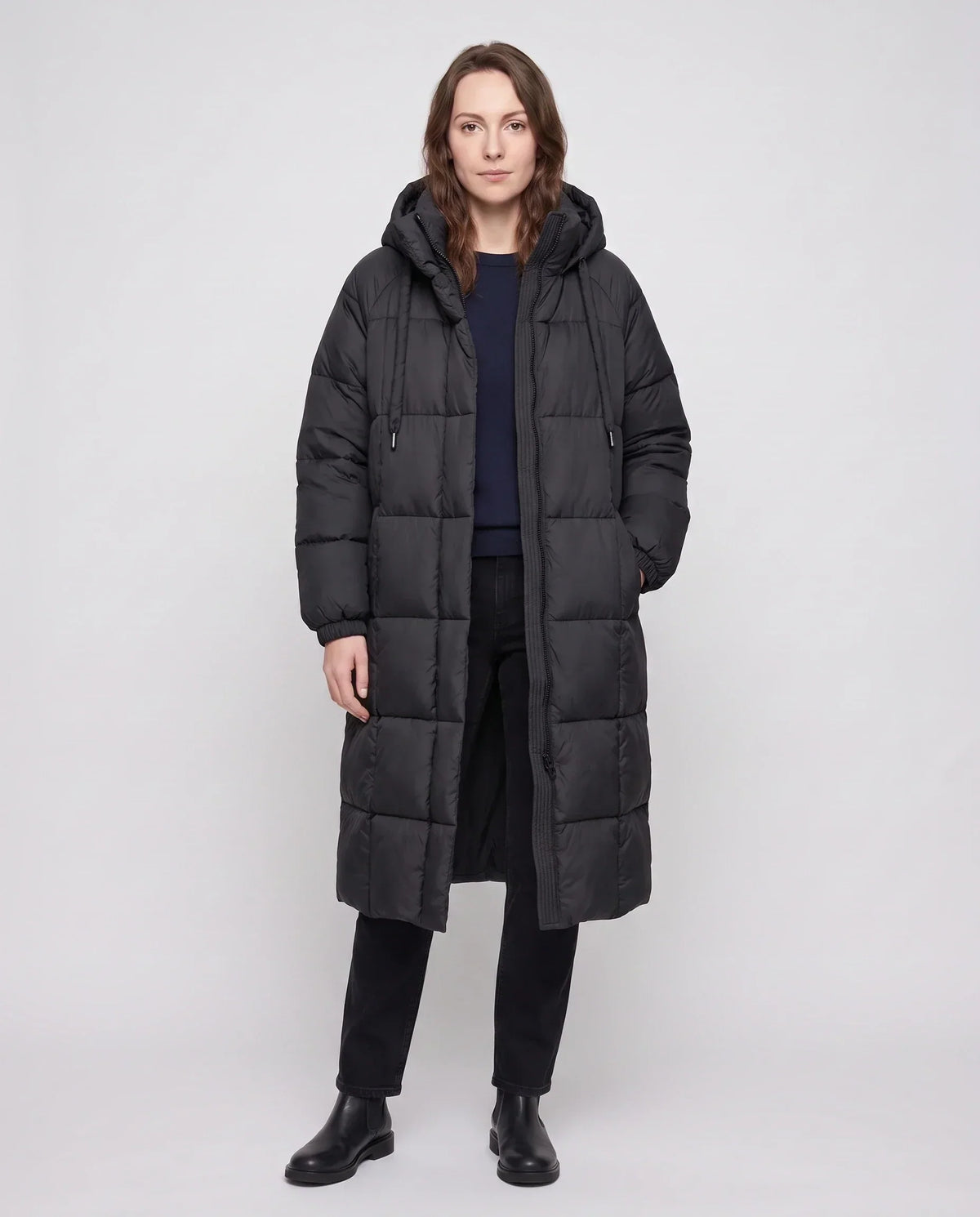 Long Hooded Puffer Jacket with Big Square Baffles
