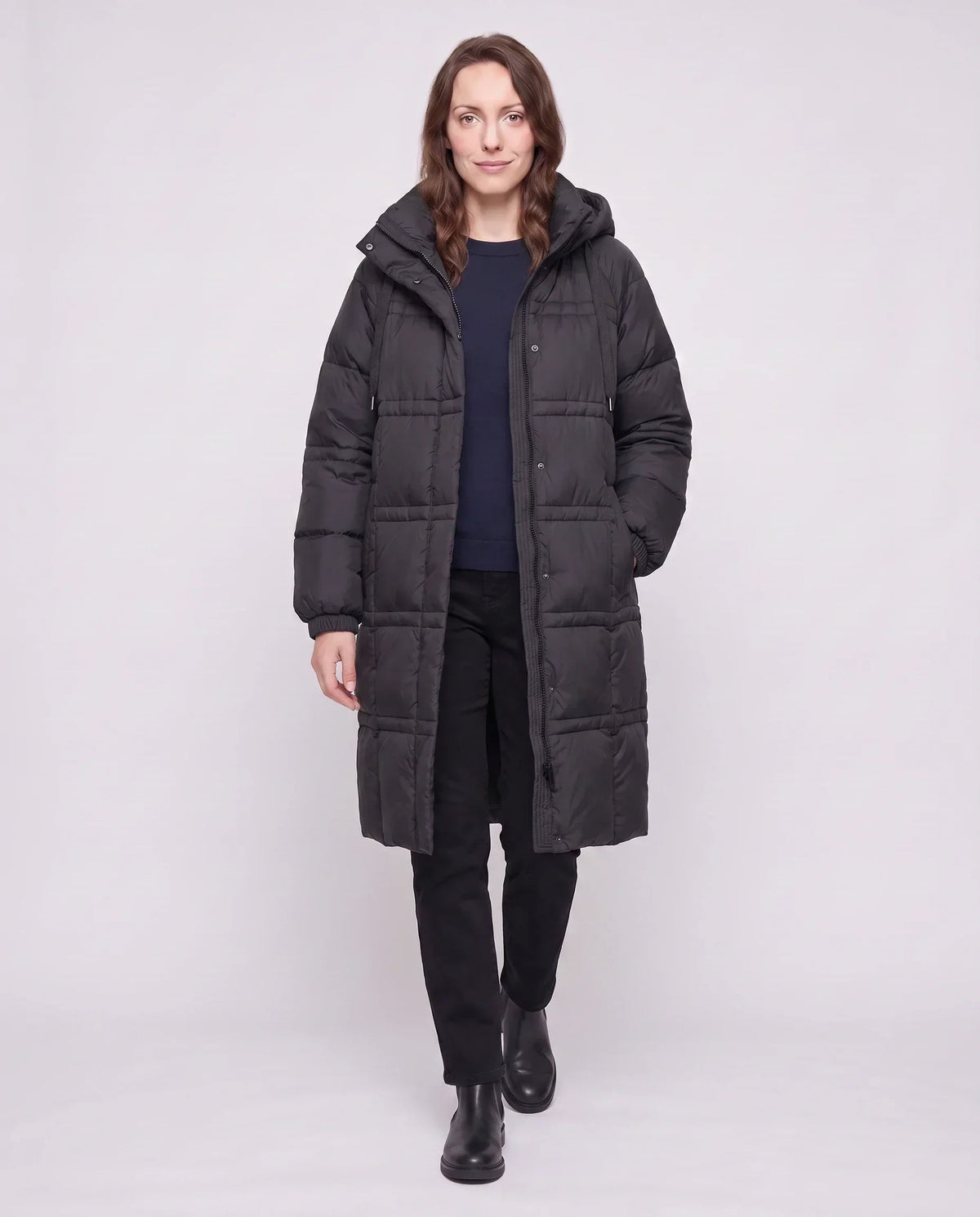 Long Hooded Puffer Jacket with Big Square Baffles