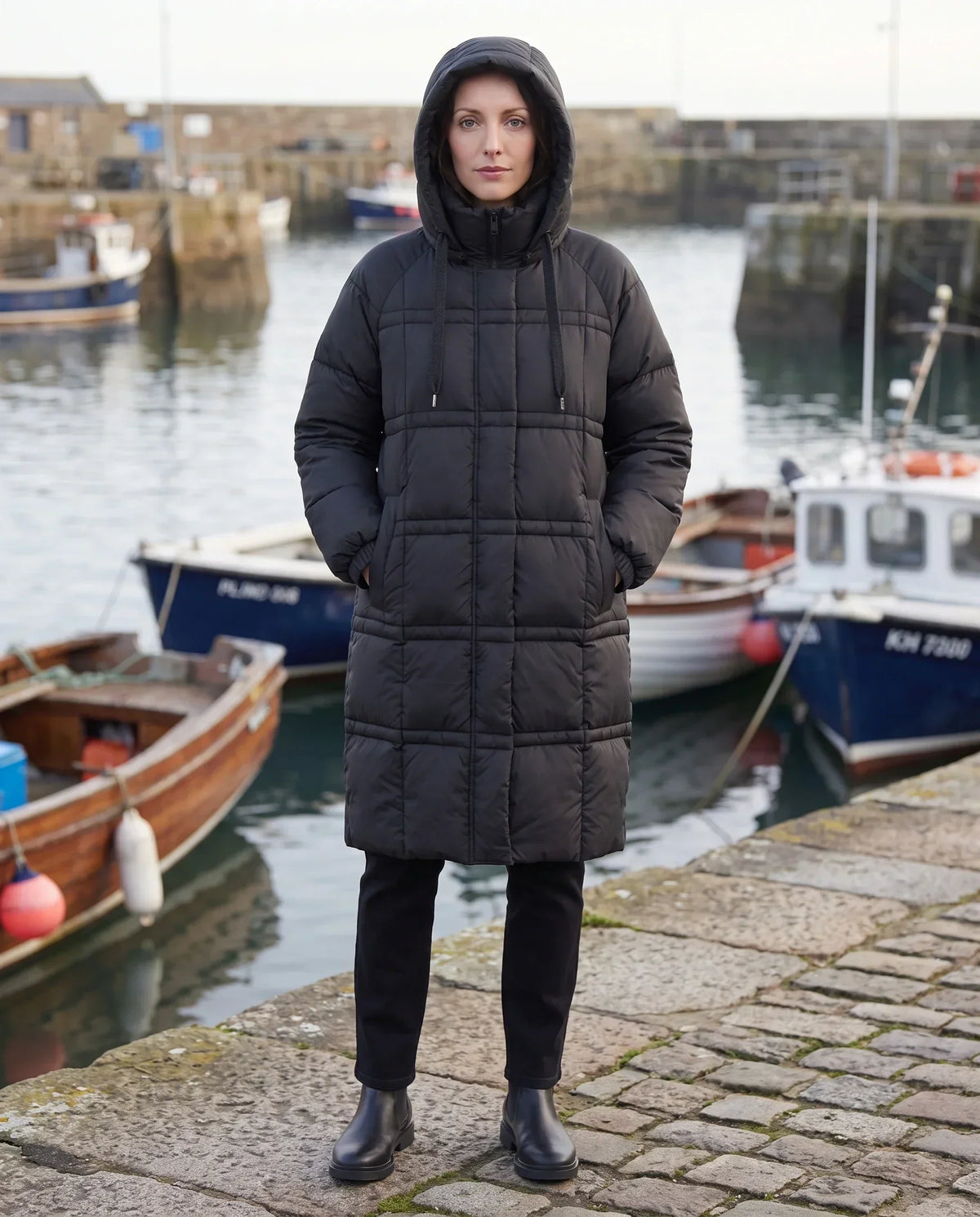 Long Hooded Puffer Jacket with Big Square Baffles