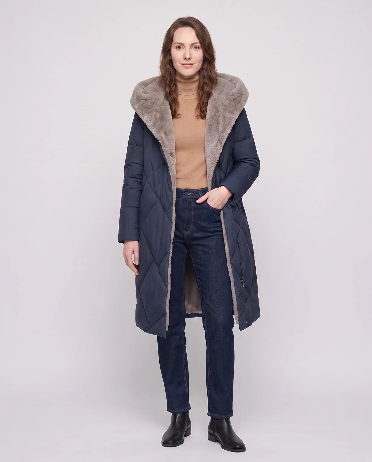 Long Puffer Jacket with Faux Fur-Lined Hood