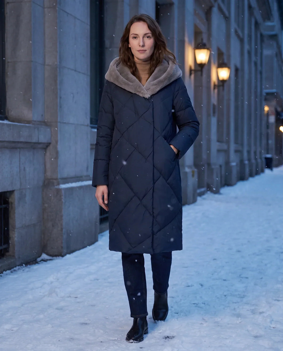 Long Puffer Jacket with Faux Fur-Lined Hood
