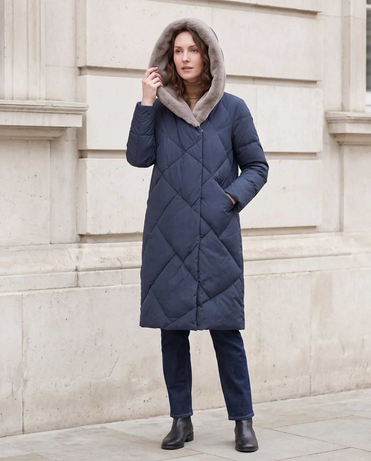 Long Puffer Jacket with Faux Fur-Lined Hood