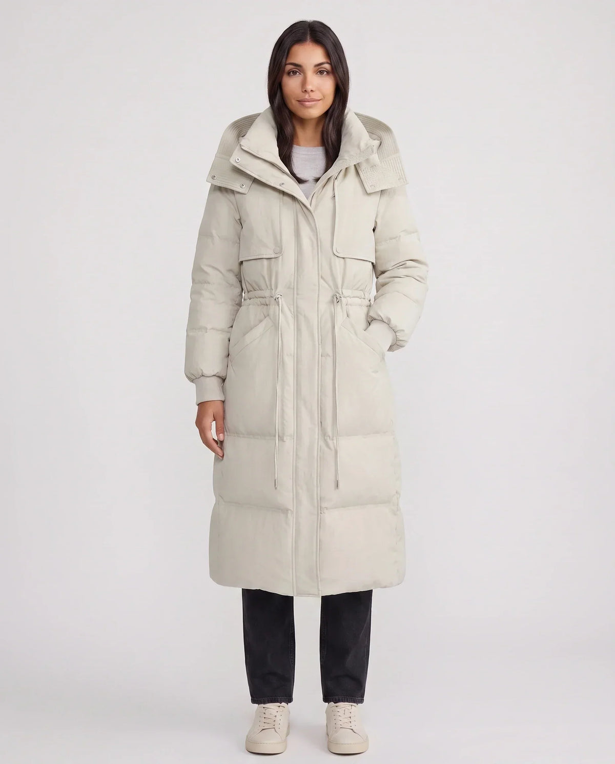Long Hooded Puffer Jacket with Drawcord Waist