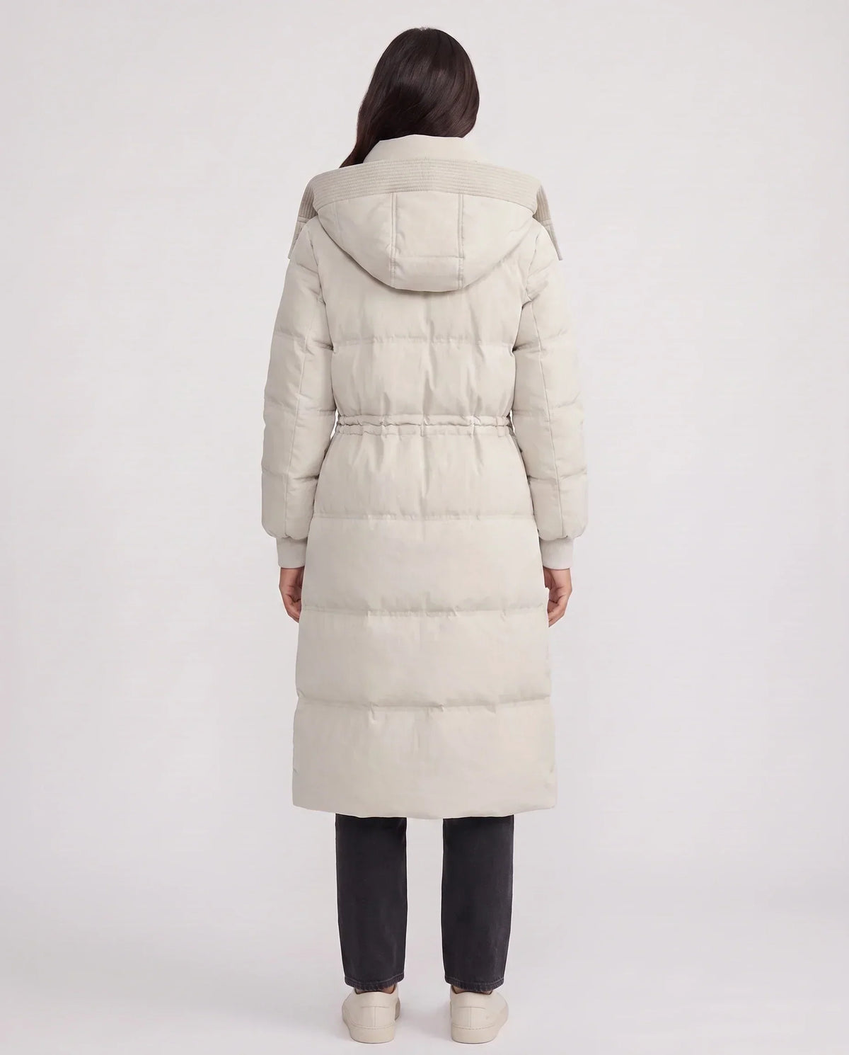 Long Hooded Puffer Jacket with Drawcord Waist