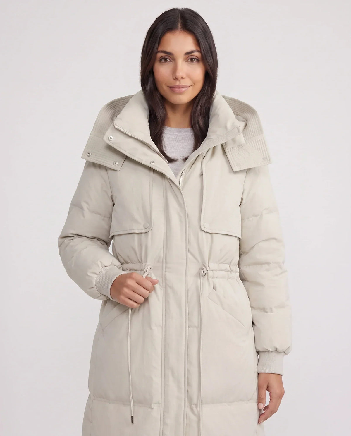 Long Hooded Puffer Jacket with Drawcord Waist