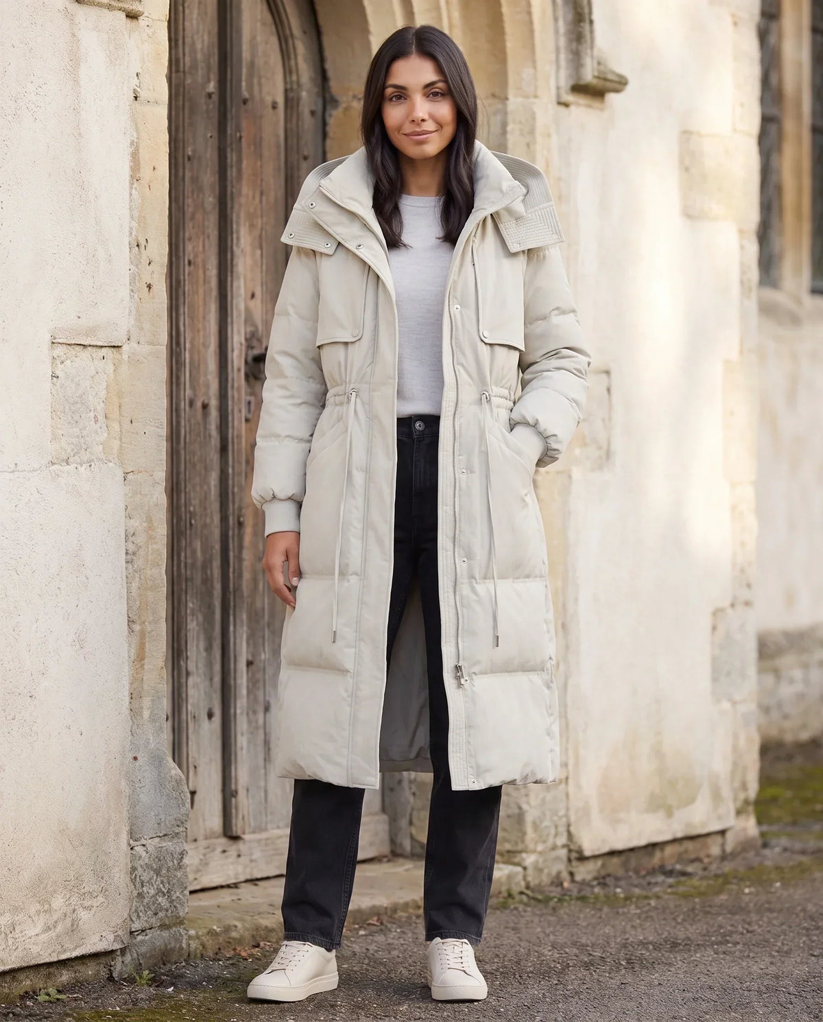 Long Hooded Puffer Jacket with Drawcord Waist