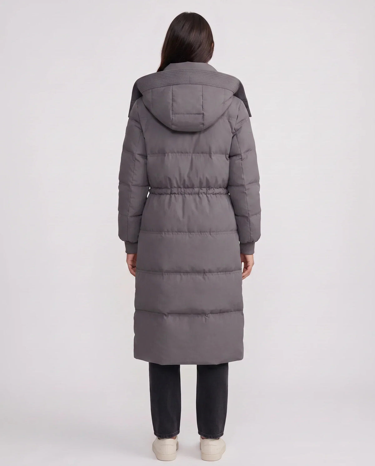 Long Hooded Puffer Jacket with Drawcord Waist