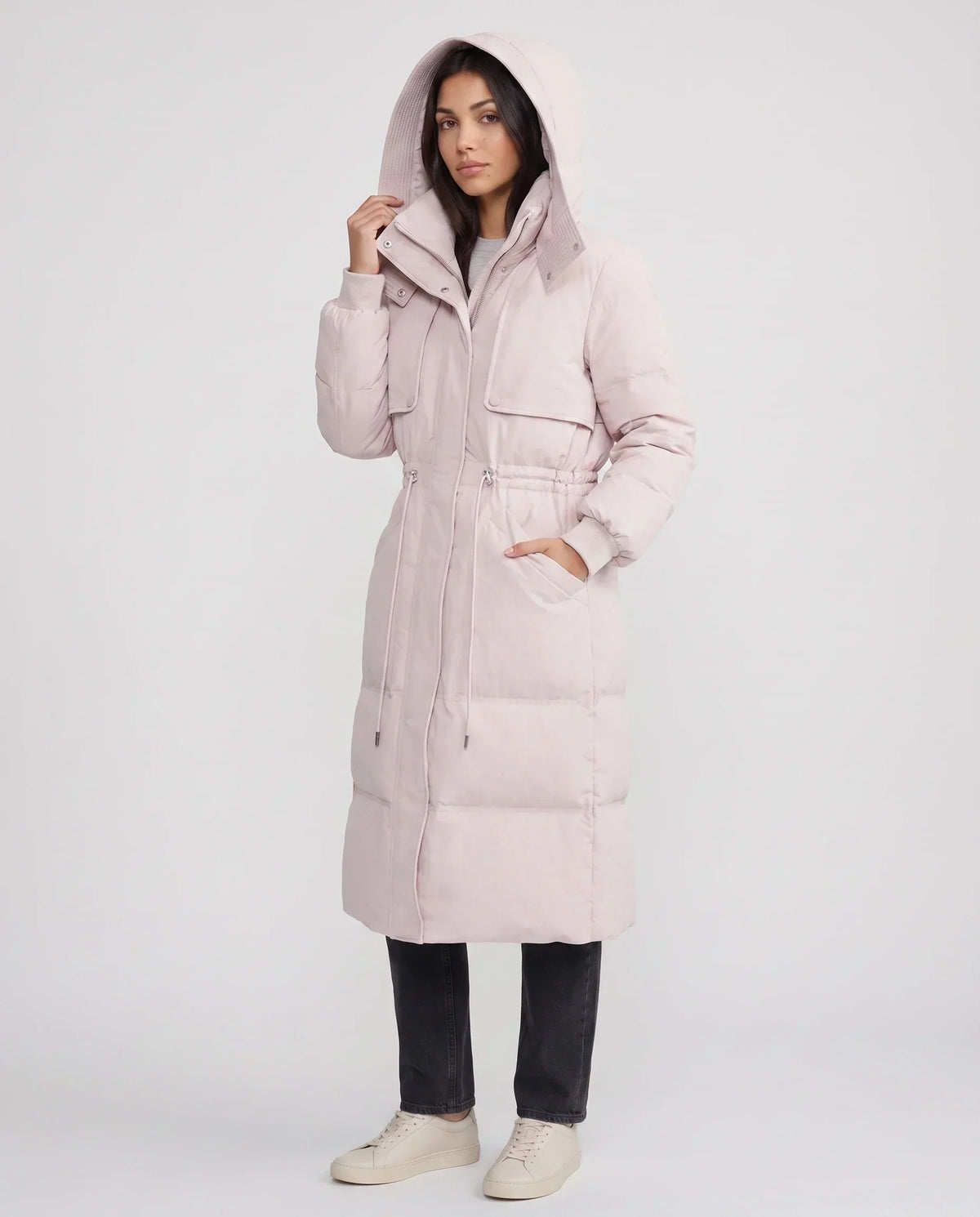 Long Hooded Puffer Jacket with Drawcord Waist