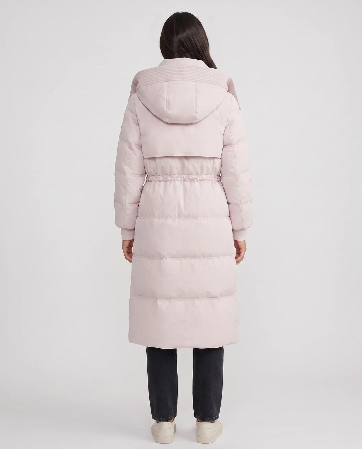 Long Hooded Puffer Jacket with Drawcord Waist