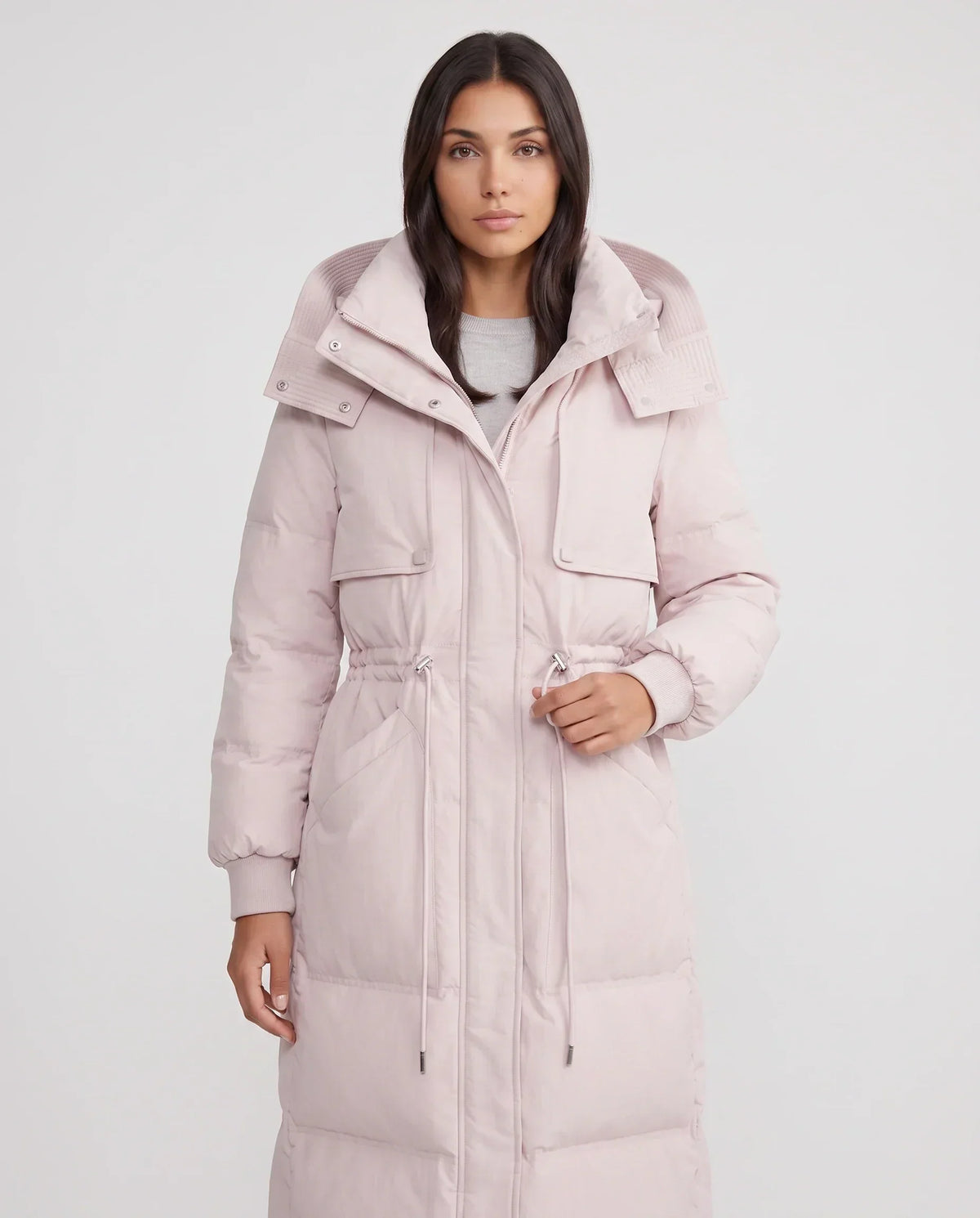 Long Hooded Puffer Jacket with Drawcord Waist