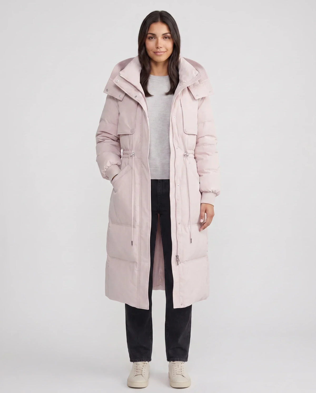 Long Hooded Puffer Jacket with Drawcord Waist