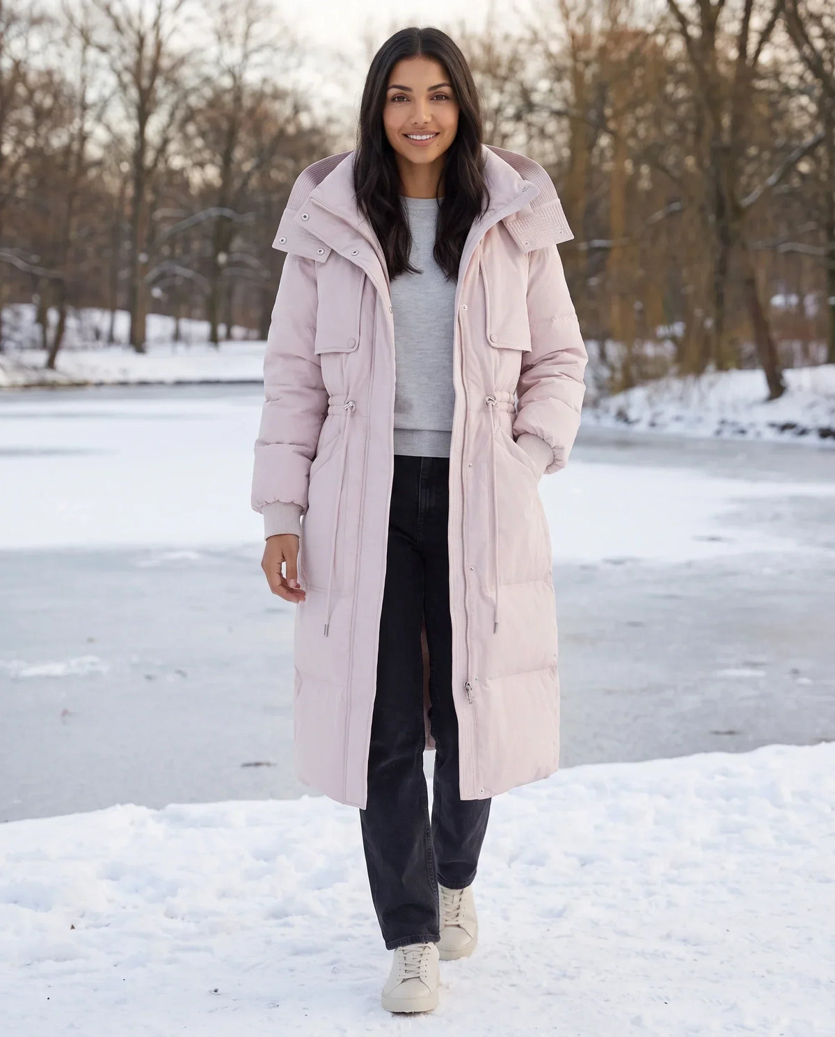 Long Hooded Puffer Jacket with Drawcord Waist