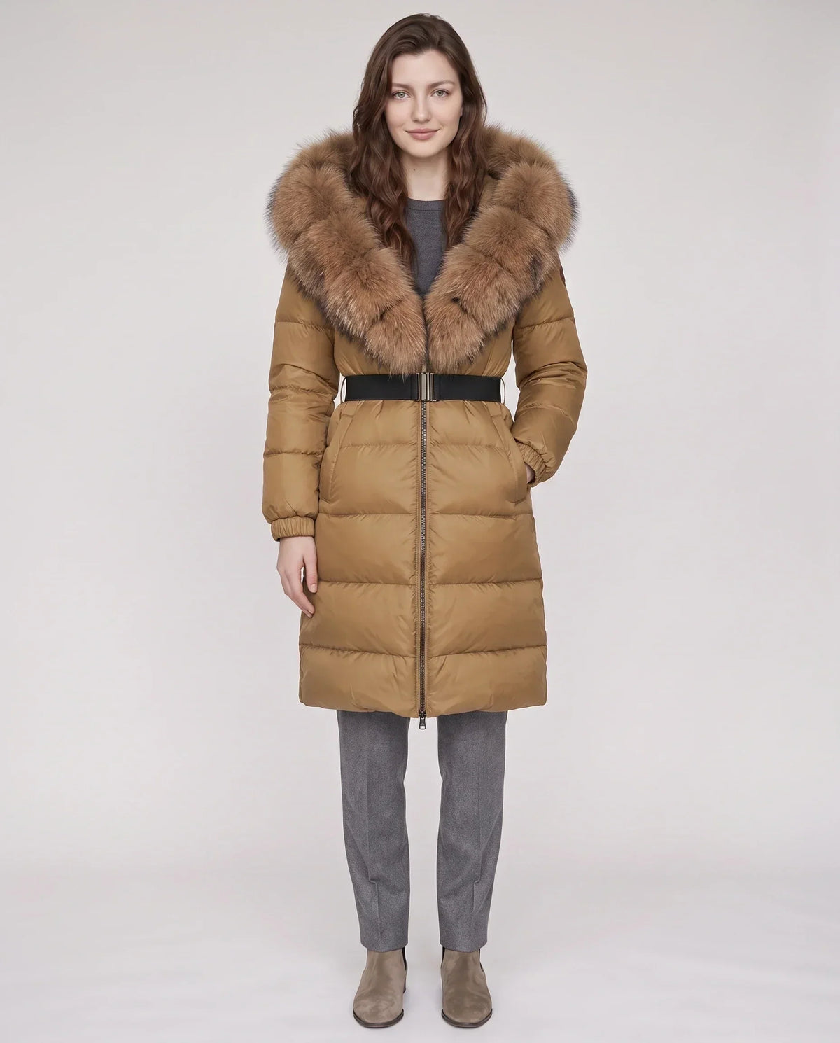 Long Belted Puffer Jacket with Large Faux Fur Hood
