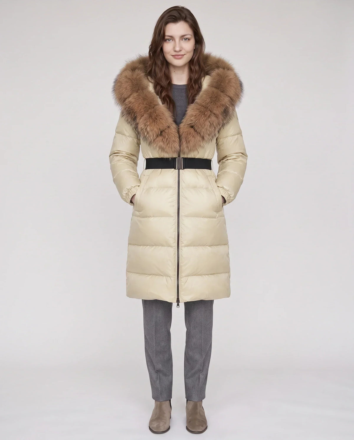 Long Belted Puffer Jacket with Large Faux Fur Hood