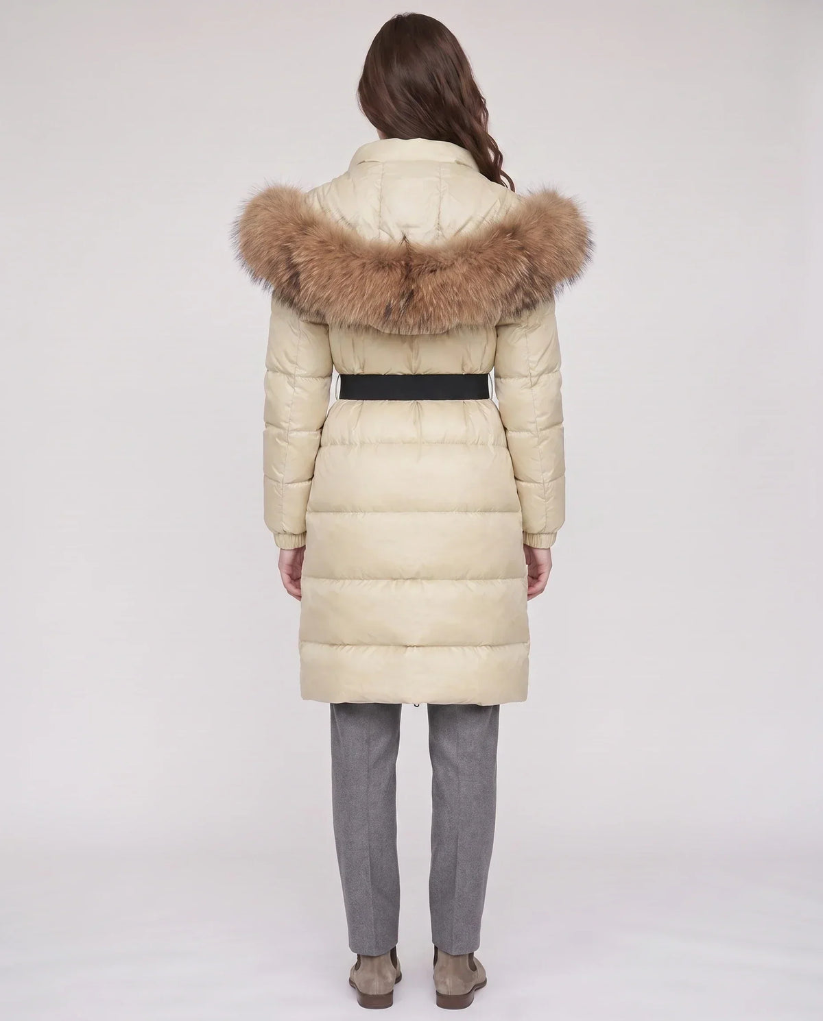 Long Belted Puffer Jacket with Large Faux Fur Hood