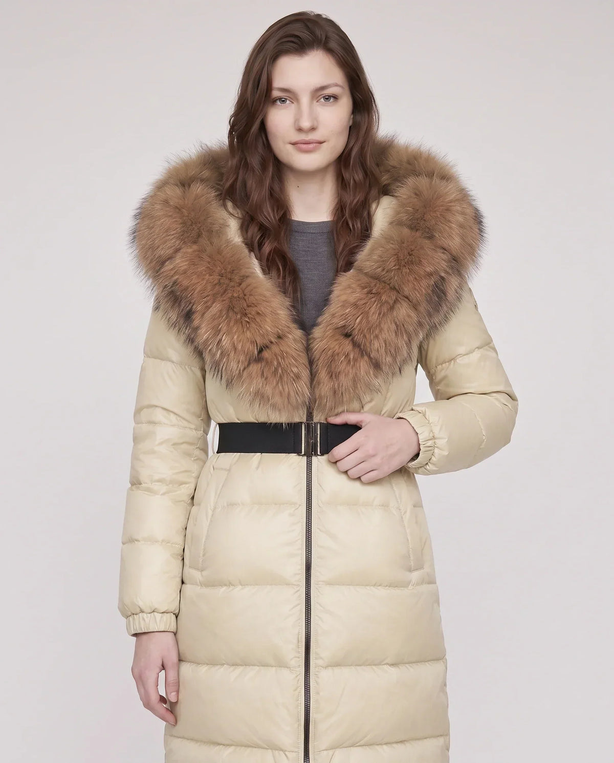 Long Belted Puffer Jacket with Large Faux Fur Hood