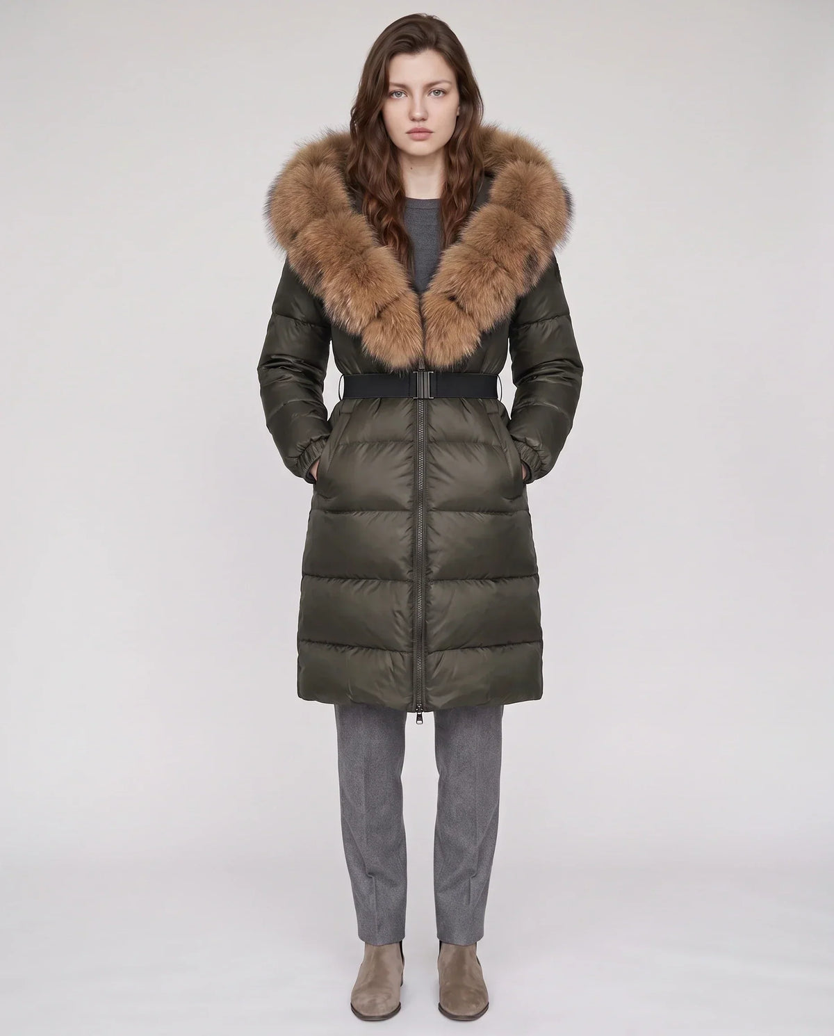 Long Belted Puffer Jacket with Large Faux Fur Hood