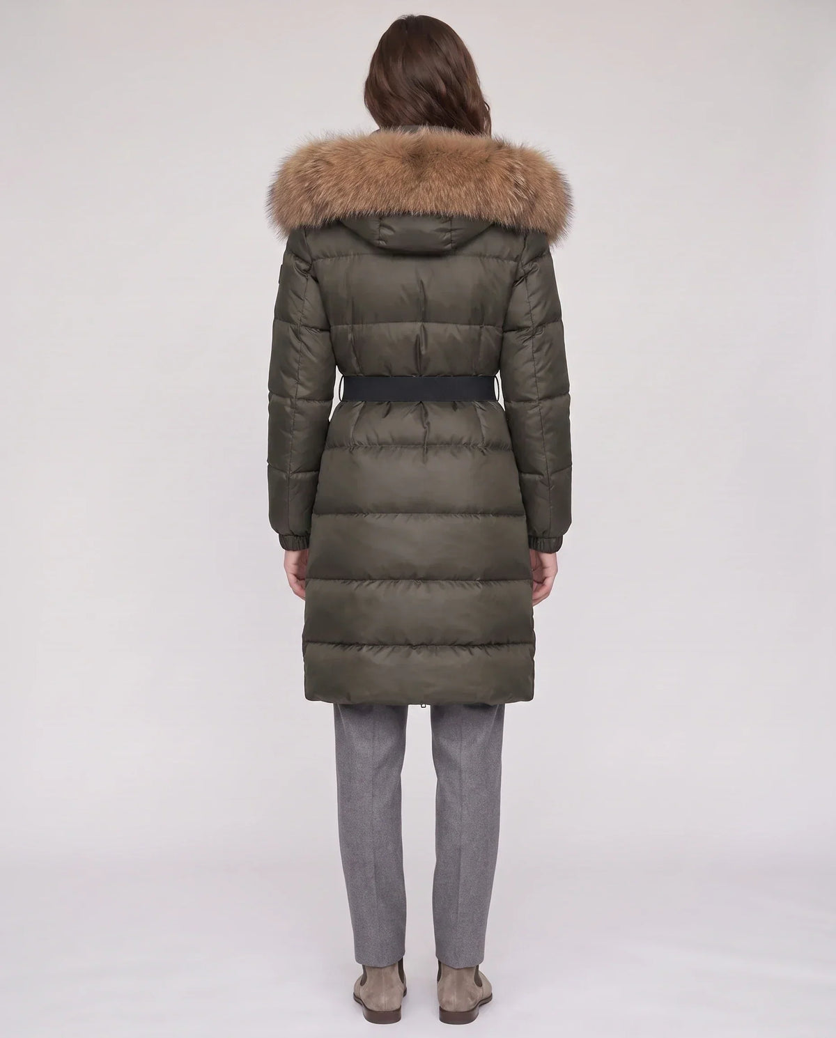 Long Belted Puffer Jacket with Large Faux Fur Hood
