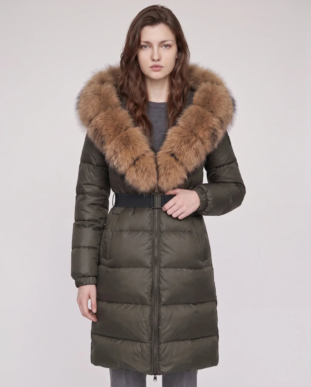Long Belted Puffer Jacket with Large Faux Fur Hood