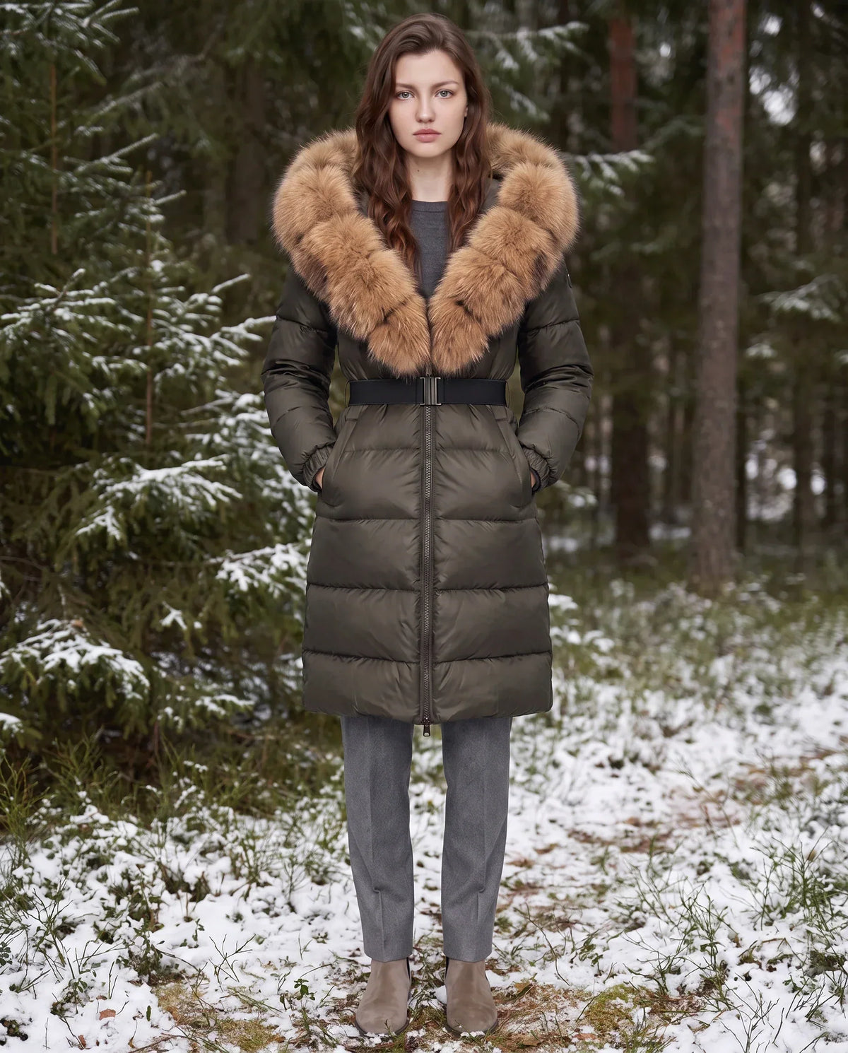 Long Belted Puffer Jacket with Large Faux Fur Hood