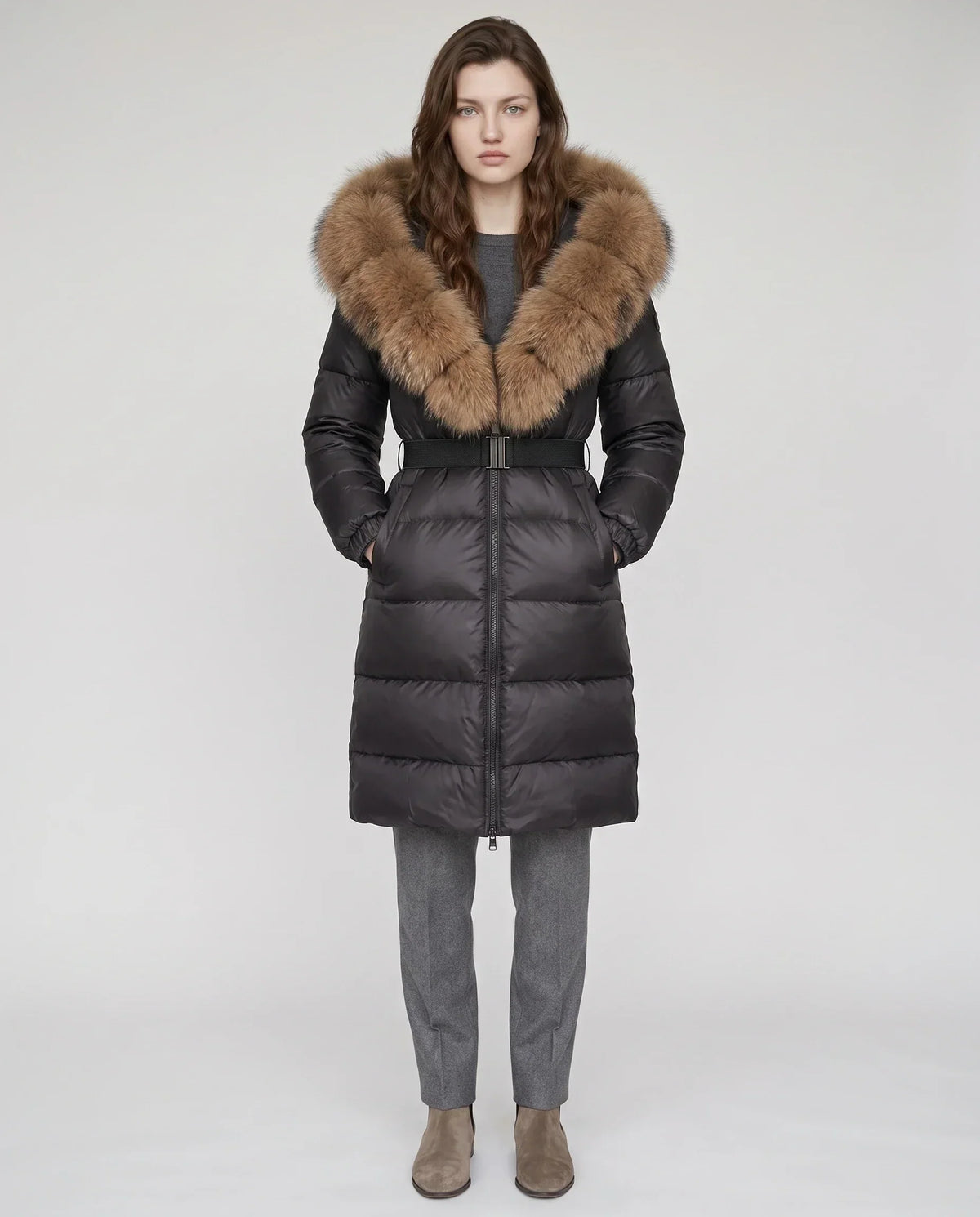 Long Belted Puffer Jacket with Large Faux Fur Hood