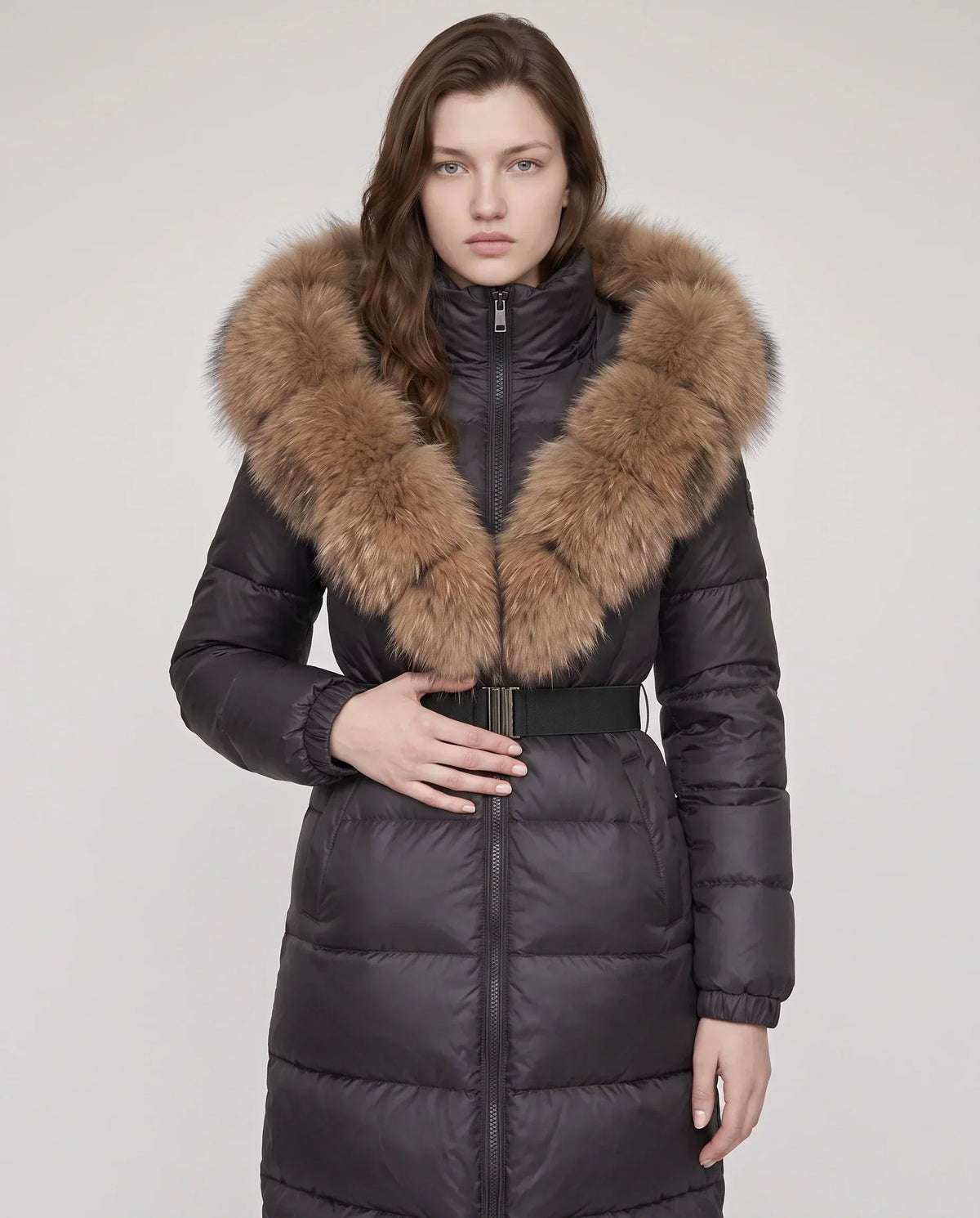 Long Belted Puffer Jacket with Large Faux Fur Hood