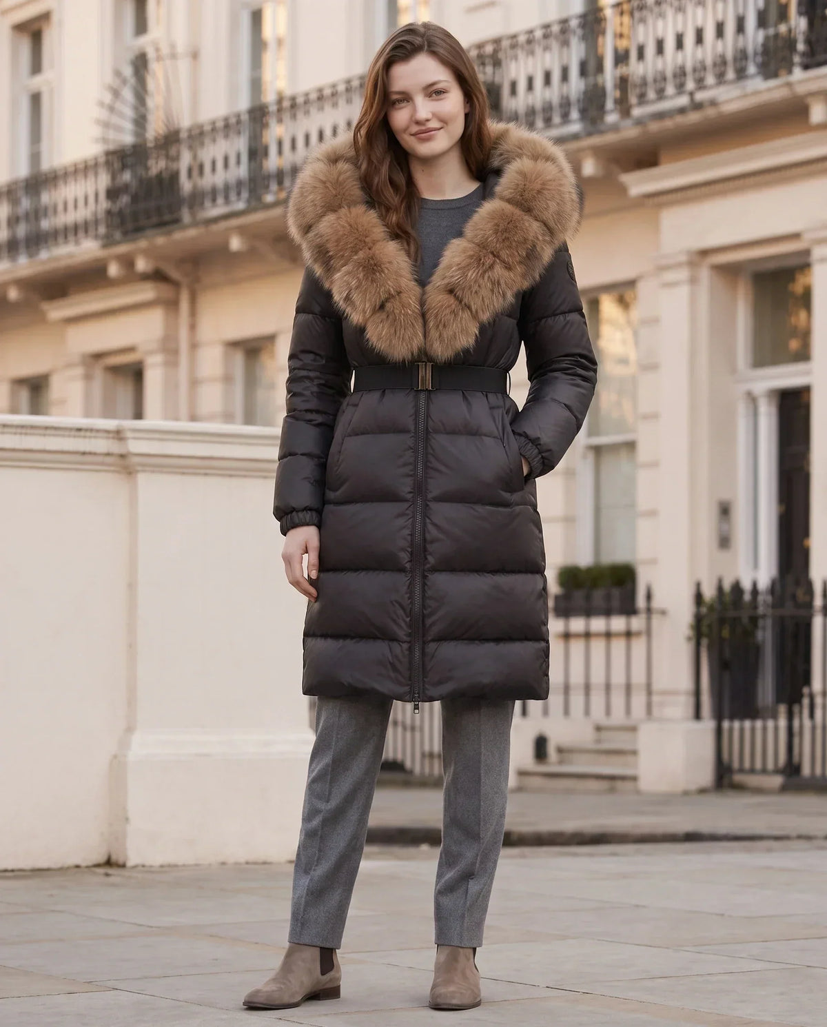 Long Belted Puffer Jacket with Large Faux Fur Hood