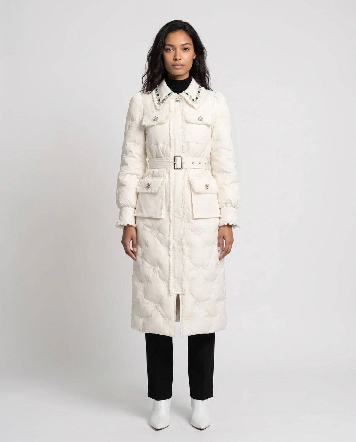 Long Belted Puffer Jacket with Jewelled Collar