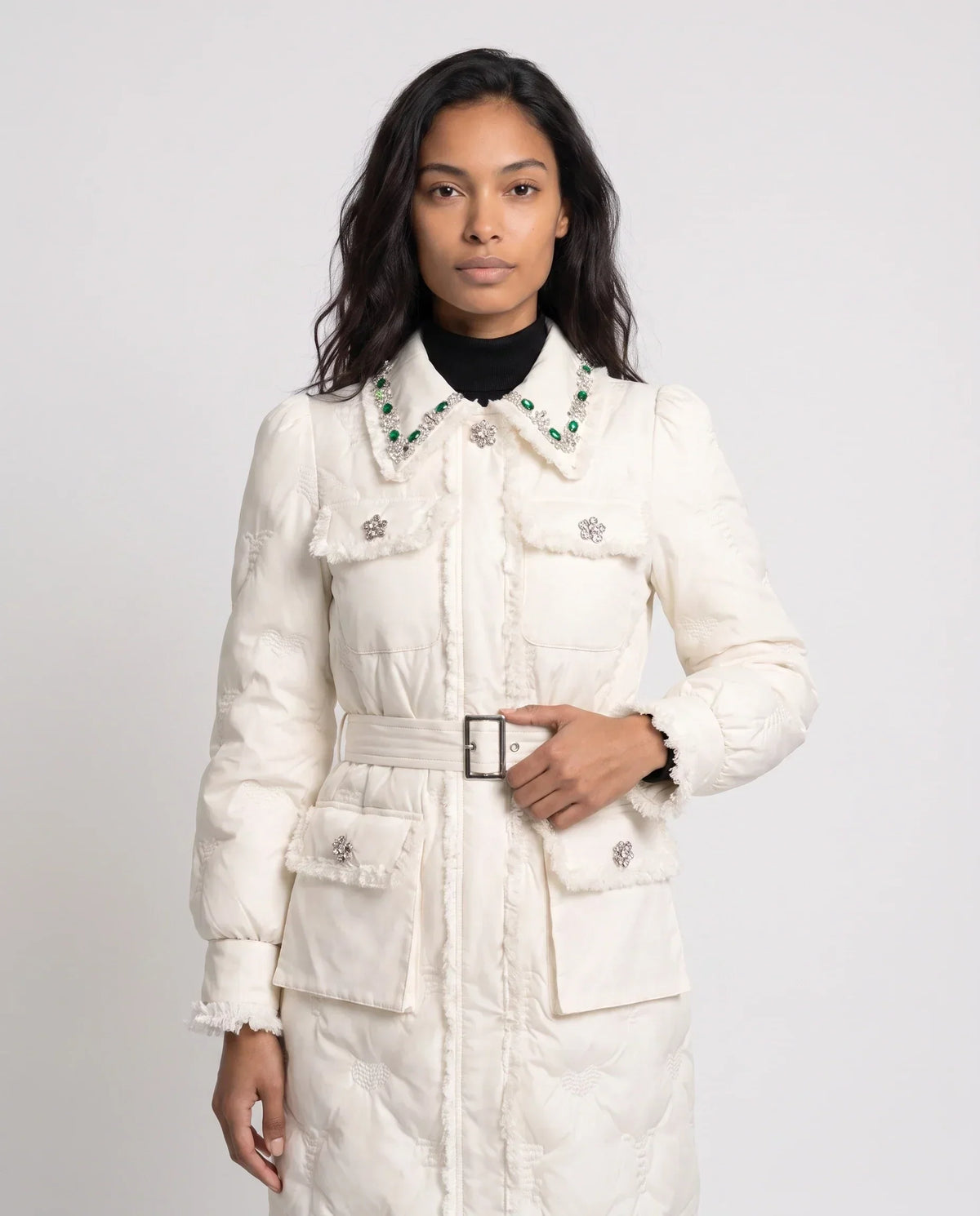 Long Belted Puffer Jacket with Jewelled Collar