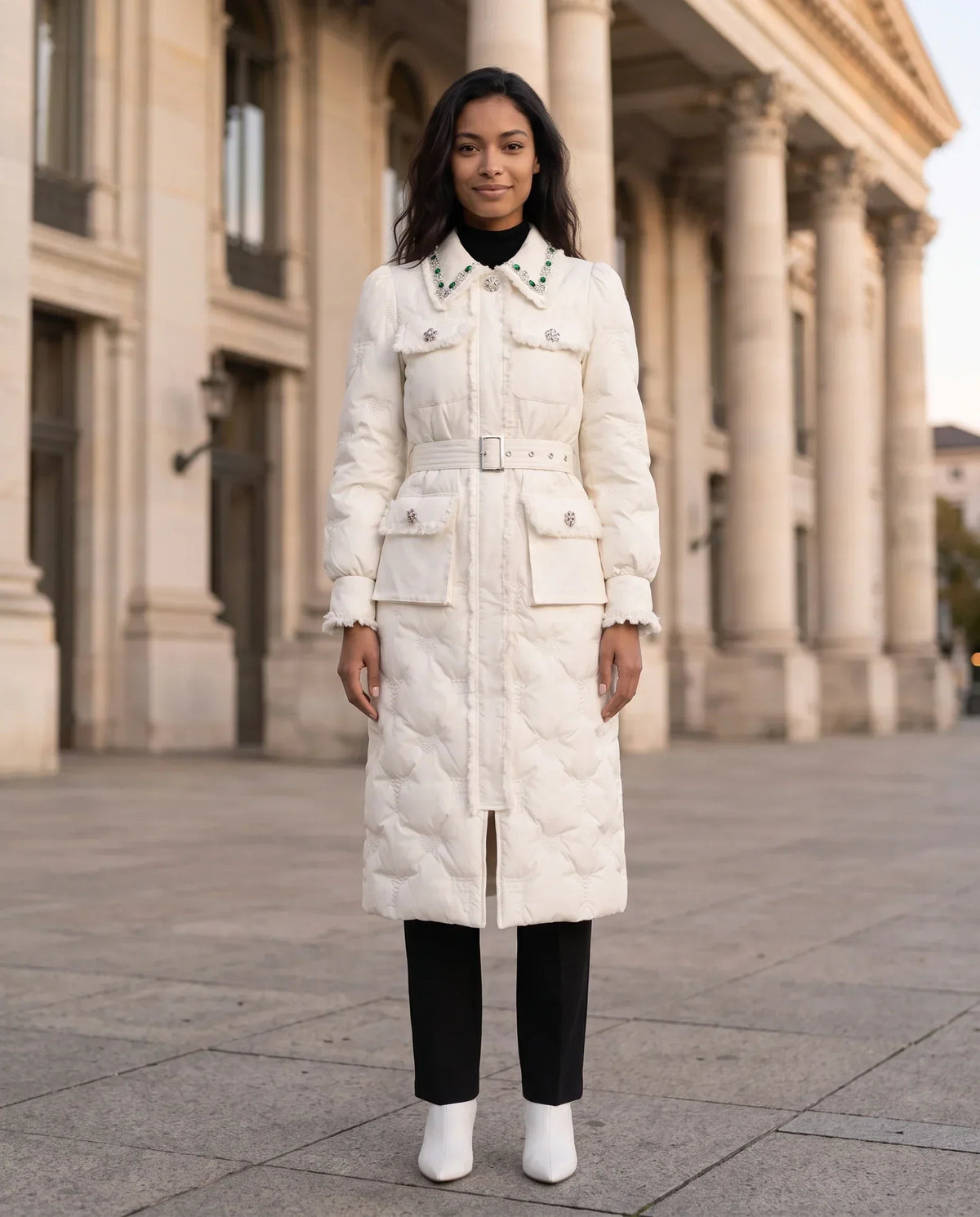 Long Belted Puffer Jacket with Jewelled Collar