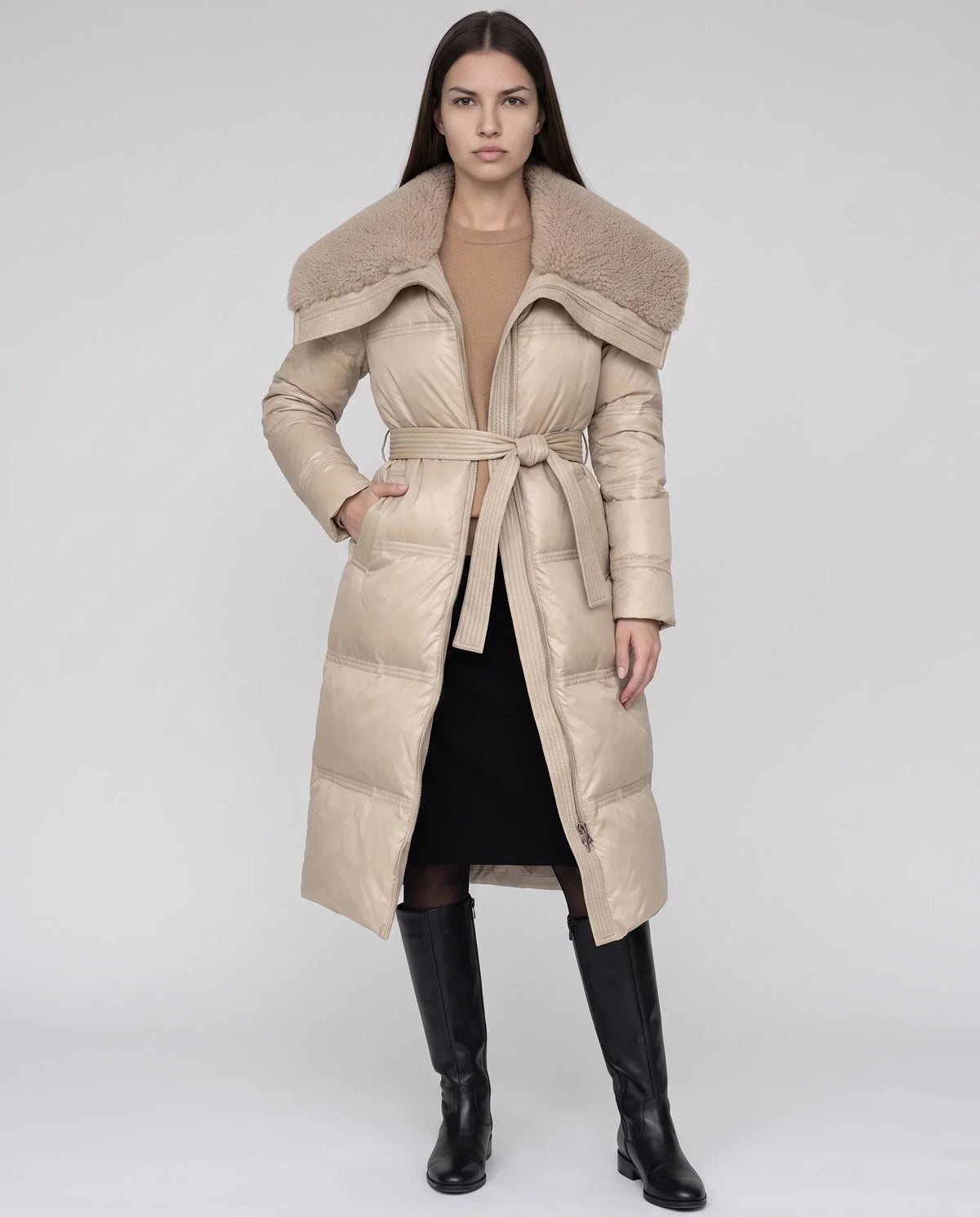 Long Belted Puffer Jacket with Faux Fur Collar