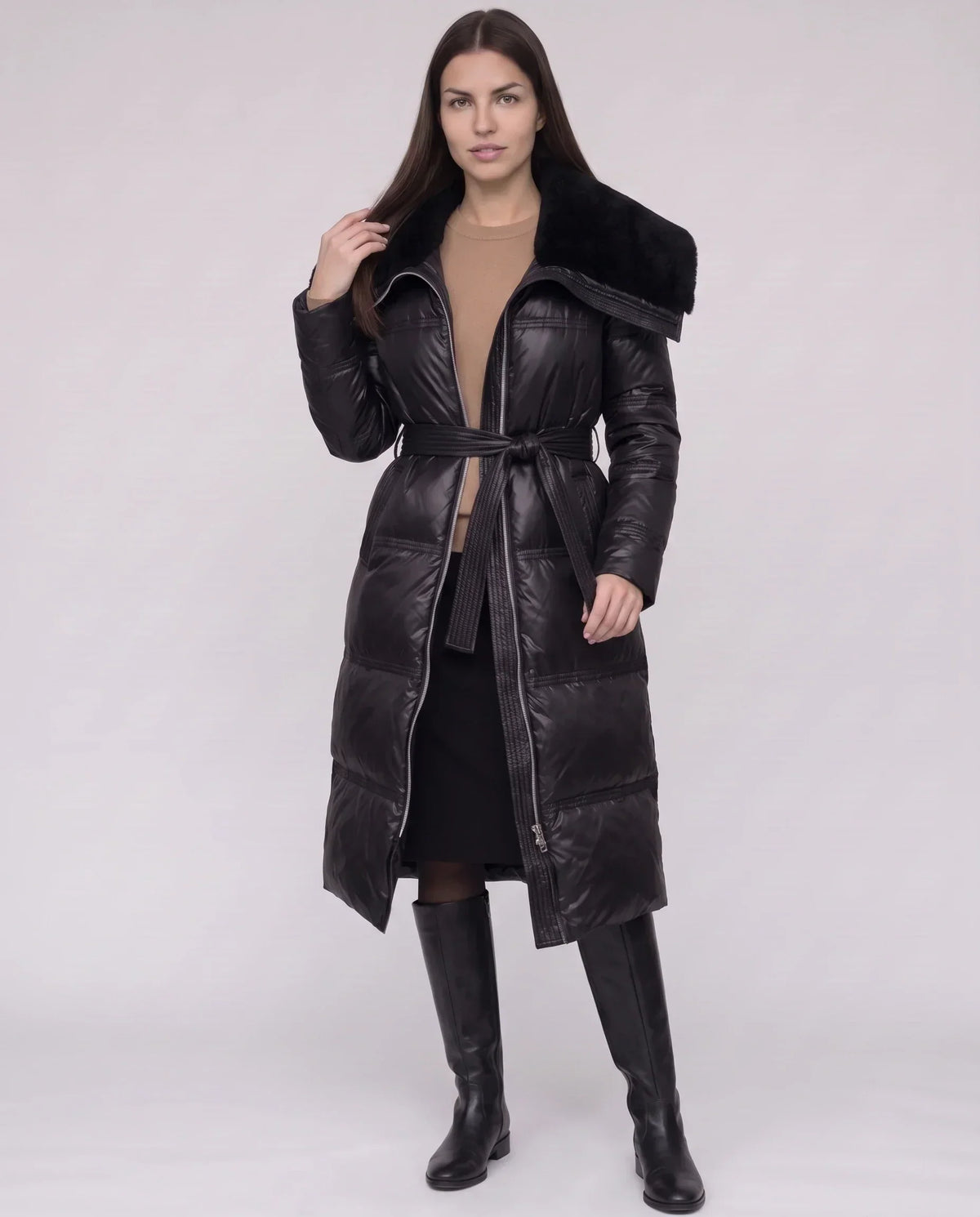 Long Belted Puffer Jacket with Faux Fur Collar