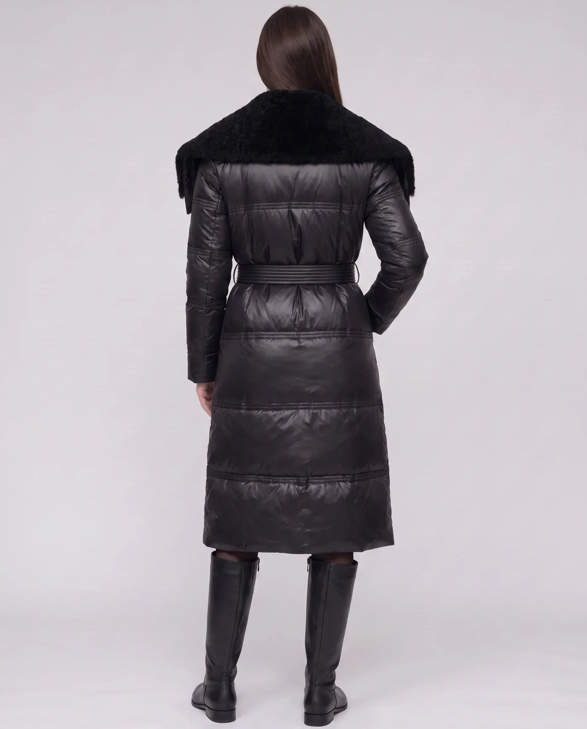 Long Belted Puffer Jacket with Faux Fur Collar